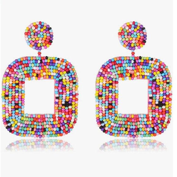 Oversized Multicolored Beads Dangle Post Earrings New Colorful Bohemian - Picture 2 of 6